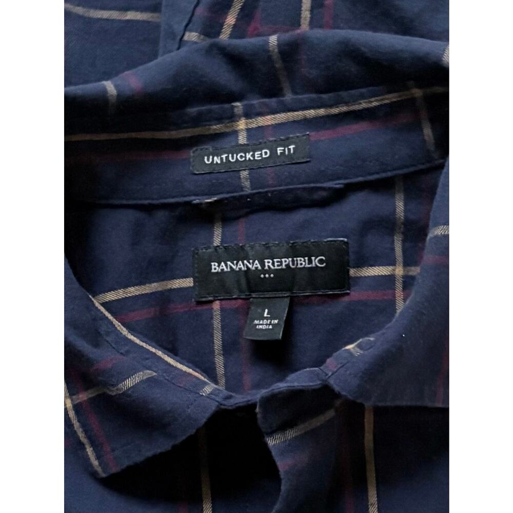 Banana Republic Untucked Standard-Fit Button-Down Cotton Navy Plaid Men’s Size L - Picture 4 of 7